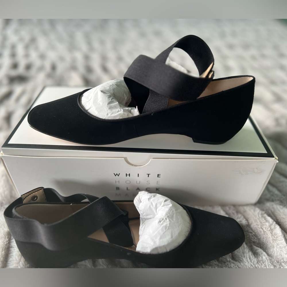 WHBM Black Leather Ballet Flats with Elegant Ankle Strap Detail Size 6